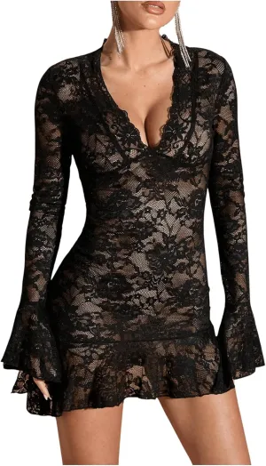 Verdusa Women's Floral Lace Sheer Ruffle Bodycon Dress V Neck Backless Mini Dress