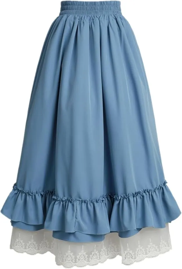 Vintage Women Gothic Victorian Skirt High Waist Double-Layer Lace Ruffle Renaissance Maxi Skirts