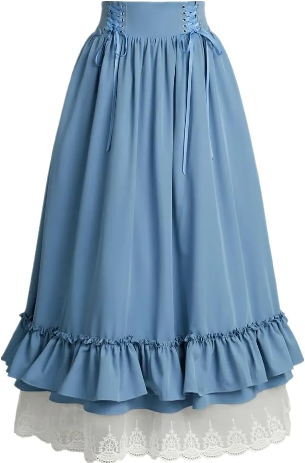 Vintage Women Gothic Victorian Skirt High Waist Double-Layer Lace Ruffle Renaissance Maxi Skirts