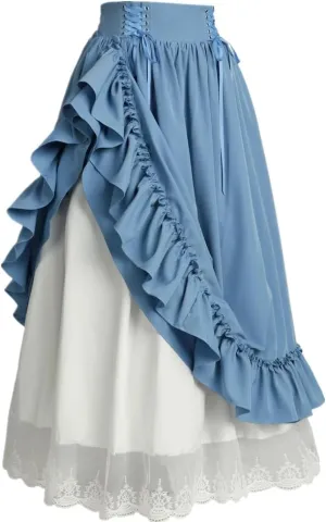 Vintage Women Gothic Victorian Skirt High Waist Double-Layer Lace Ruffle Renaissance Maxi Skirts