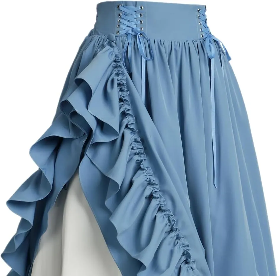 Vintage Women Gothic Victorian Skirt High Waist Double-Layer Lace Ruffle Renaissance Maxi Skirts