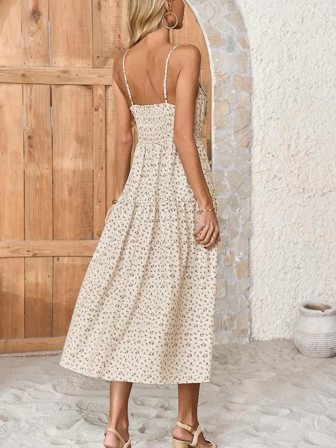 Wenrine Womens Floral Maxi Dress Bow Spaghetti Strap Casual Summer Boho Flowy Beach Sundress