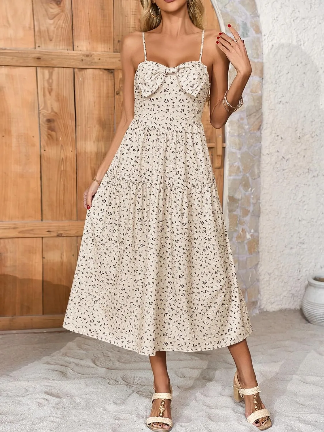Wenrine Womens Floral Maxi Dress Bow Spaghetti Strap Casual Summer Boho Flowy Beach Sundress