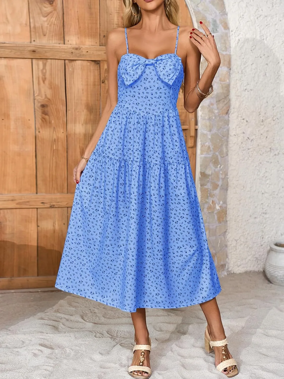 Wenrine Womens Floral Maxi Dress Bow Spaghetti Strap Casual Summer Boho Flowy Beach Sundress