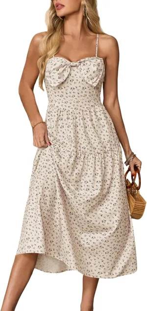 Wenrine Womens Floral Maxi Dress Bow Spaghetti Strap Casual Summer Boho Flowy Beach Sundress