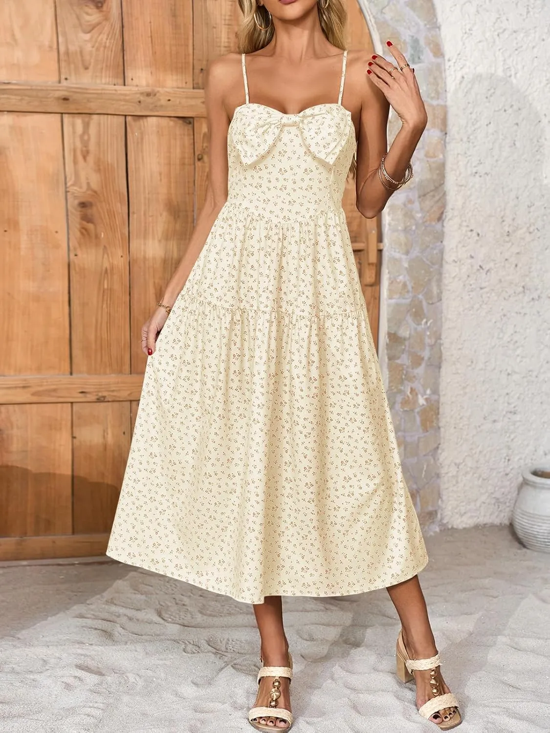 Wenrine Womens Floral Maxi Dress Bow Spaghetti Strap Casual Summer Boho Flowy Beach Sundress