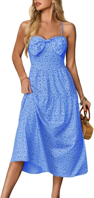 Wenrine Womens Floral Maxi Dress Bow Spaghetti Strap Casual Summer Boho Flowy Beach Sundress