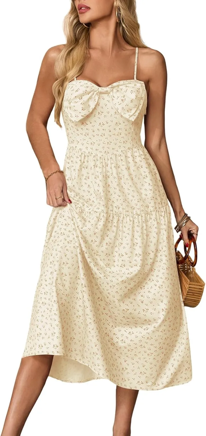 Wenrine Womens Floral Maxi Dress Bow Spaghetti Strap Casual Summer Boho Flowy Beach Sundress