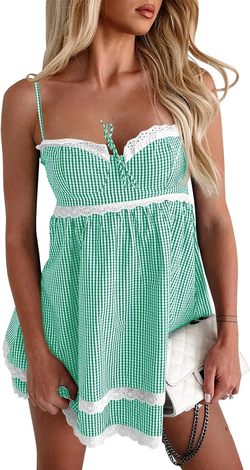 Wenrine Womens Summer Mini Dress Spaghetti Strap Sweetheart Y2K Plaid Lace Trim Tiered Beach Sundress Dresses