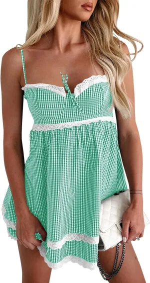 Wenrine Womens Summer Mini Dress Spaghetti Strap Sweetheart Y2K Plaid Lace Trim Tiered Beach Sundress Dresses