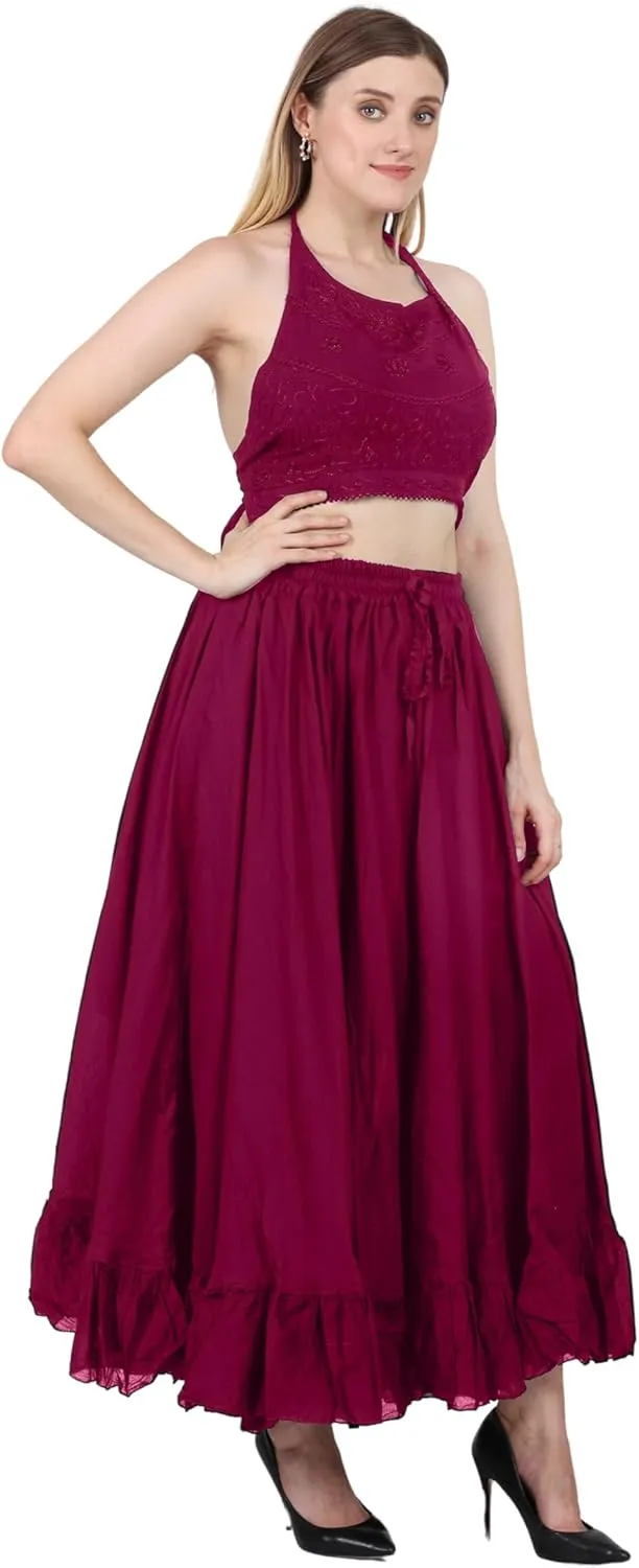Wevez Maxi Skirt for Women Girls Elastic Waist Long Flowy Bohemian Cotton Casual Summer Beach Holiday