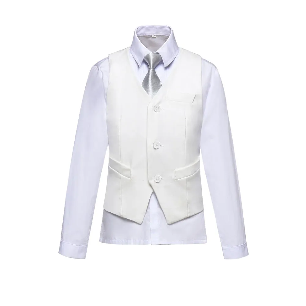 White Slim 4 Piece Boy's Formal Suits With Vest Pants Shirt Tie