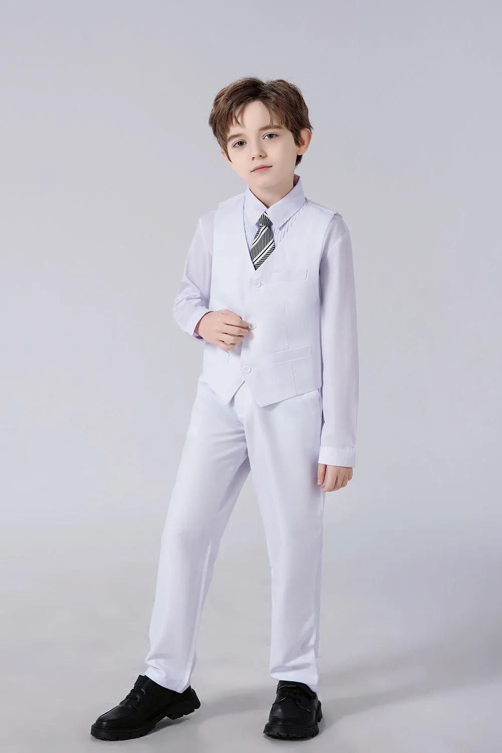 White Slim 4 Piece Boy's Formal Suits With Vest Pants Shirt Tie