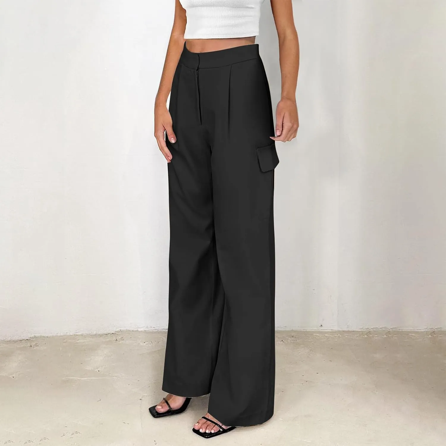 Wide Leg Cargo Pants for Women High Waist Straight Trousers Lightweight Business Casual Dress Pants with Pockets