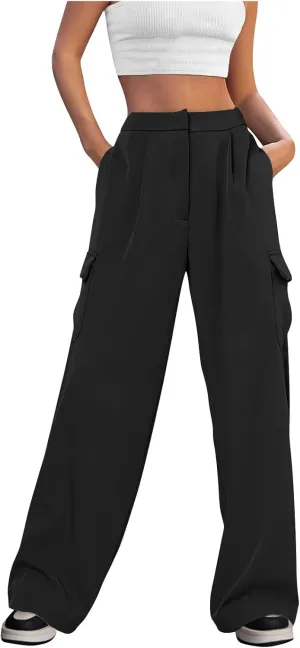 Wide Leg Cargo Pants for Women High Waist Straight Trousers Lightweight Business Casual Dress Pants with Pockets