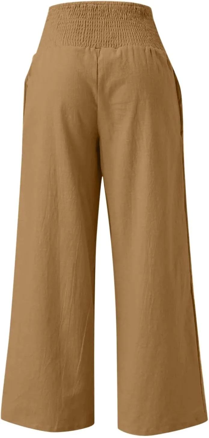Wide Leg Linen Pants for Women Casual Elastic Waist Palazzo Pants Summer Loose Fit Solid Color Trousers 2025