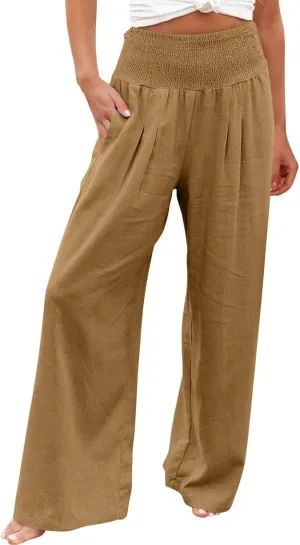 Wide Leg Linen Pants for Women Casual Elastic Waist Palazzo Pants Summer Loose Fit Solid Color Trousers 2025