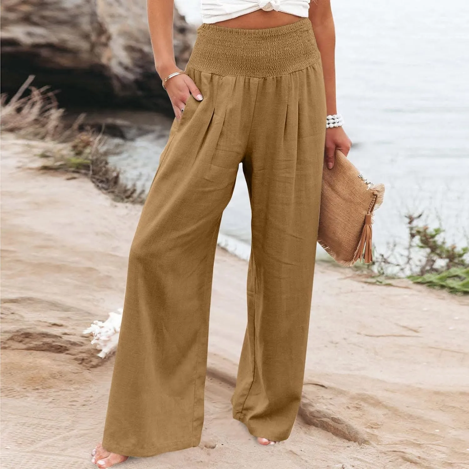 Wide Leg Linen Pants for Women Casual Elastic Waist Palazzo Pants Summer Loose Fit Solid Color Trousers 2025