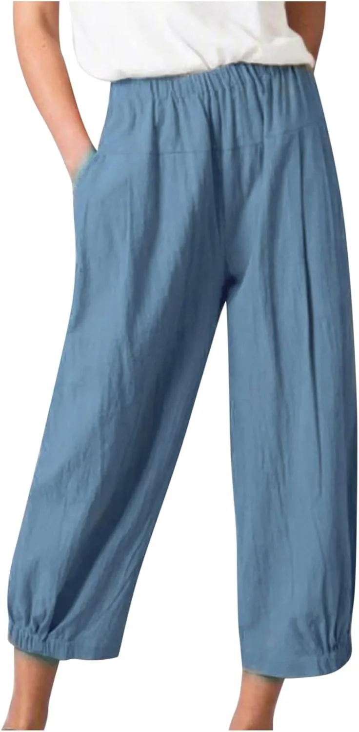 Wide Leg Lounge Pants for Women High Waist Cotton Linen Cropped Pant Dressy Casual Summer Trousers with Pockets