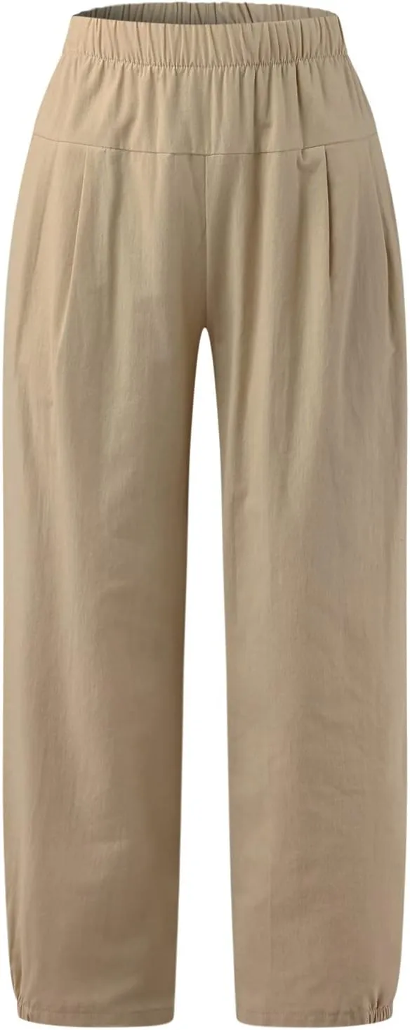 Wide Leg Lounge Pants for Women High Waist Cotton Linen Cropped Pant Dressy Casual Summer Trousers with Pockets