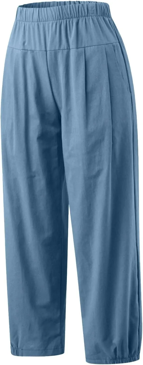 Wide Leg Lounge Pants for Women High Waist Cotton Linen Cropped Pant Dressy Casual Summer Trousers with Pockets