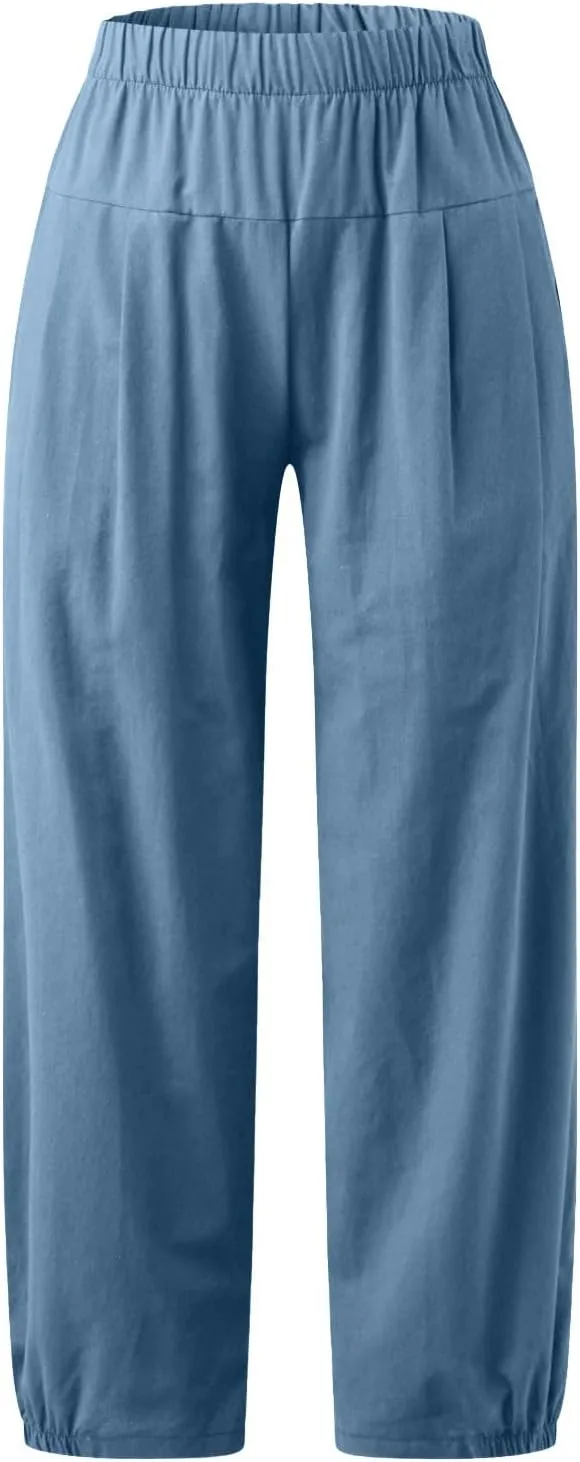 Wide Leg Lounge Pants for Women High Waist Cotton Linen Cropped Pant Dressy Casual Summer Trousers with Pockets