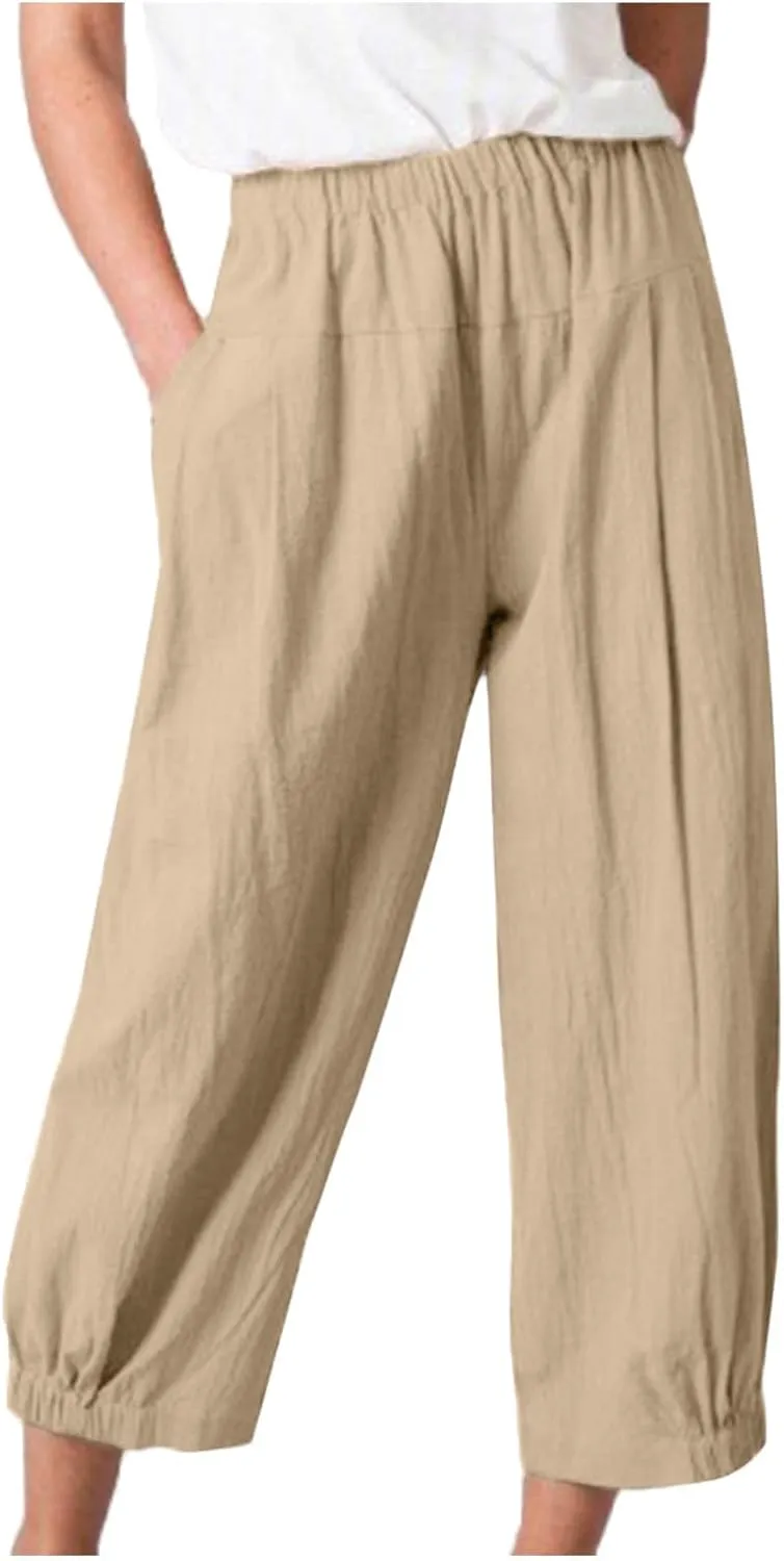 Wide Leg Lounge Pants for Women High Waist Cotton Linen Cropped Pant Dressy Casual Summer Trousers with Pockets