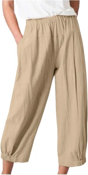 Wide Leg Lounge Pants for Women High Waist Cotton Linen Cropped Pant Dressy Casual Summer Trousers with Pockets