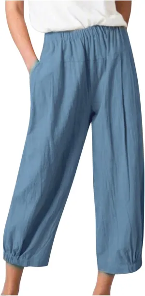 Wide Leg Lounge Pants for Women High Waist Cotton Linen Cropped Pant Dressy Casual Summer Trousers with Pockets