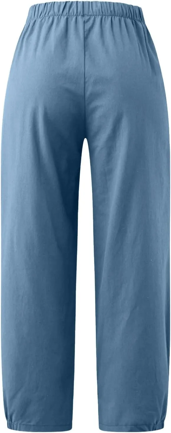Wide Leg Lounge Pants for Women High Waist Cotton Linen Cropped Pant Dressy Casual Summer Trousers with Pockets