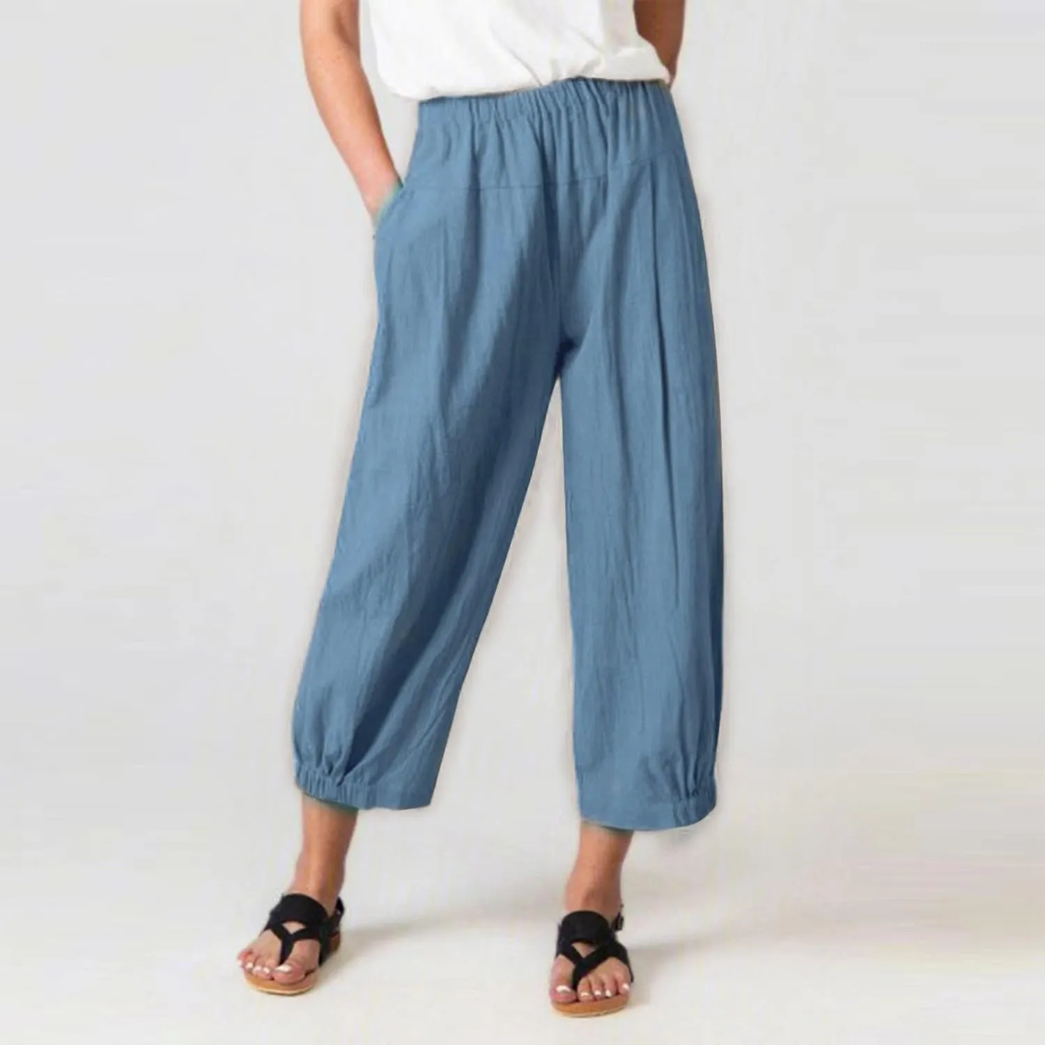 Wide Leg Lounge Pants for Women High Waist Cotton Linen Cropped Pant Dressy Casual Summer Trousers with Pockets