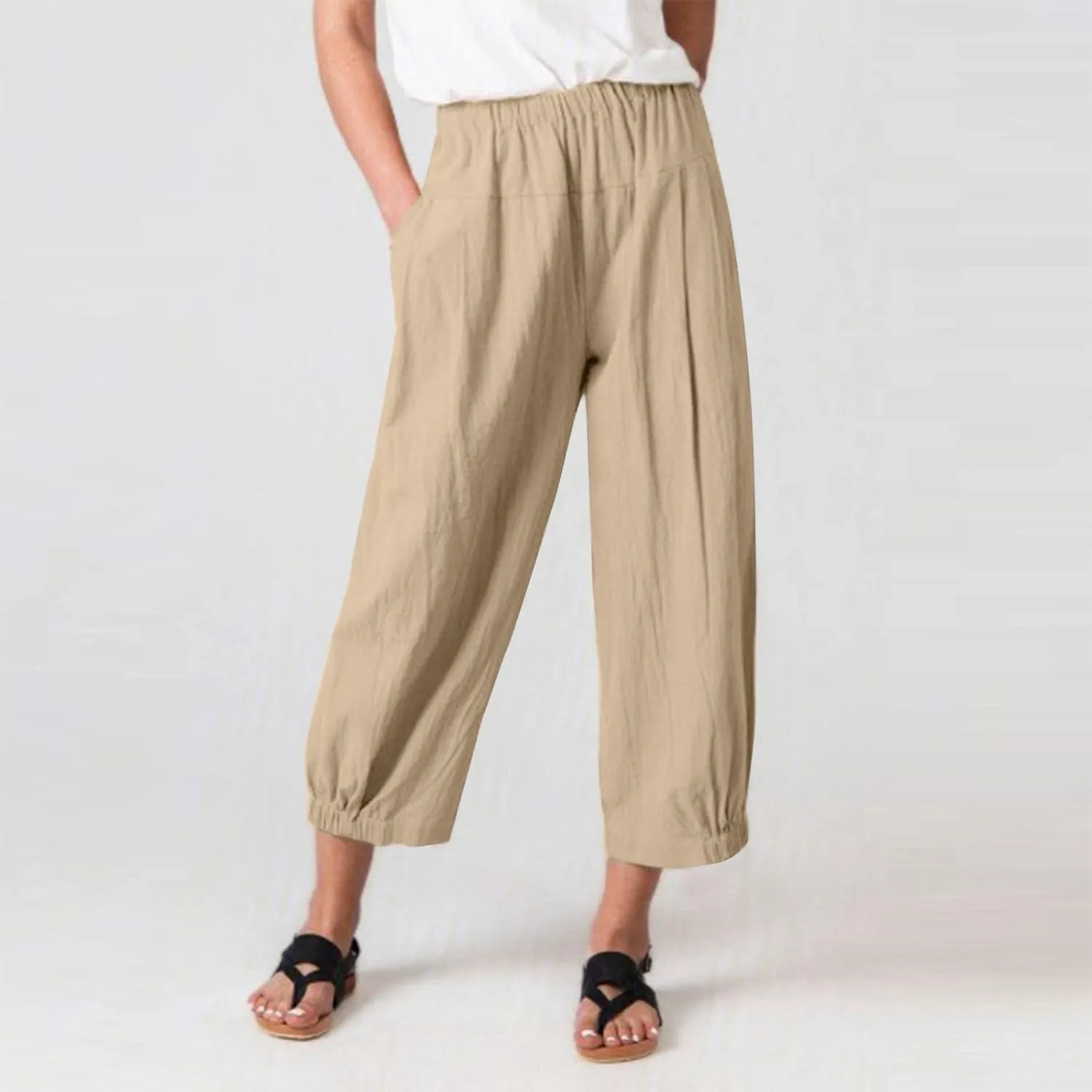Wide Leg Lounge Pants for Women High Waist Cotton Linen Cropped Pant Dressy Casual Summer Trousers with Pockets
