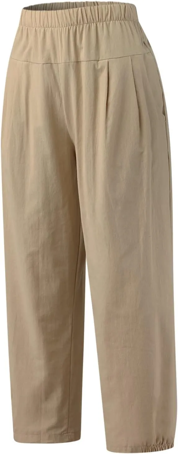 Wide Leg Lounge Pants for Women High Waist Cotton Linen Cropped Pant Dressy Casual Summer Trousers with Pockets