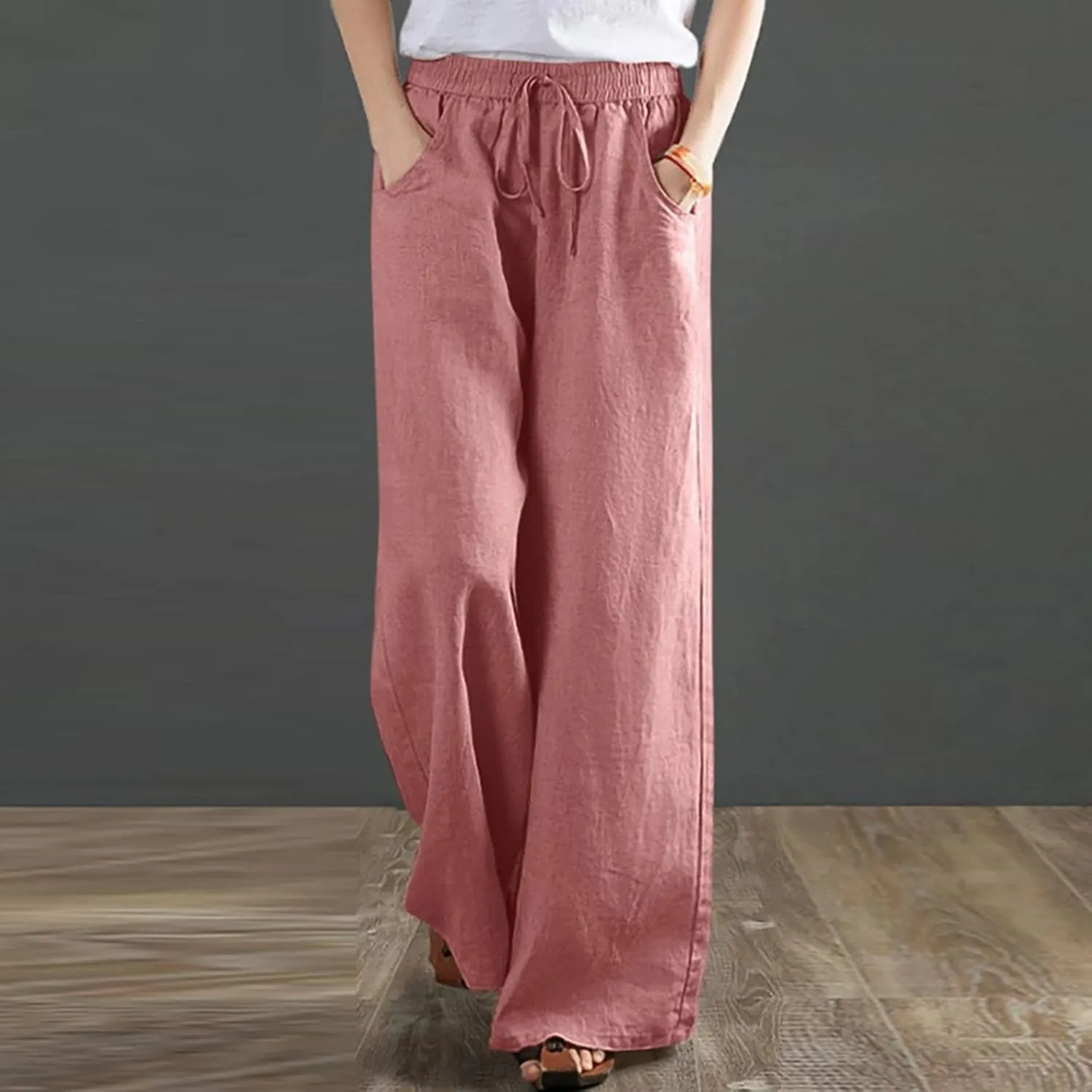 Wide Leg Palazzo Pants for Women Dressy Casual 2024 Cotton Linen Flowy Pants Summer Beach High Waist Long Trousers