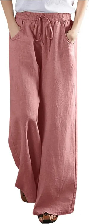 Wide Leg Palazzo Pants for Women Dressy Casual 2024 Cotton Linen Flowy Pants Summer Beach High Waist Long Trousers