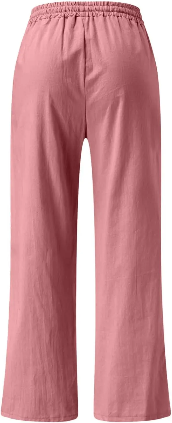 Wide Leg Palazzo Pants for Women Dressy Casual 2024 Cotton Linen Flowy Pants Summer Beach High Waist Long Trousers