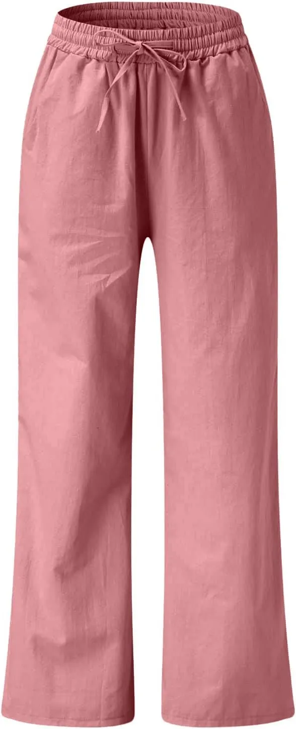 Wide Leg Palazzo Pants for Women Dressy Casual 2024 Cotton Linen Flowy Pants Summer Beach High Waist Long Trousers