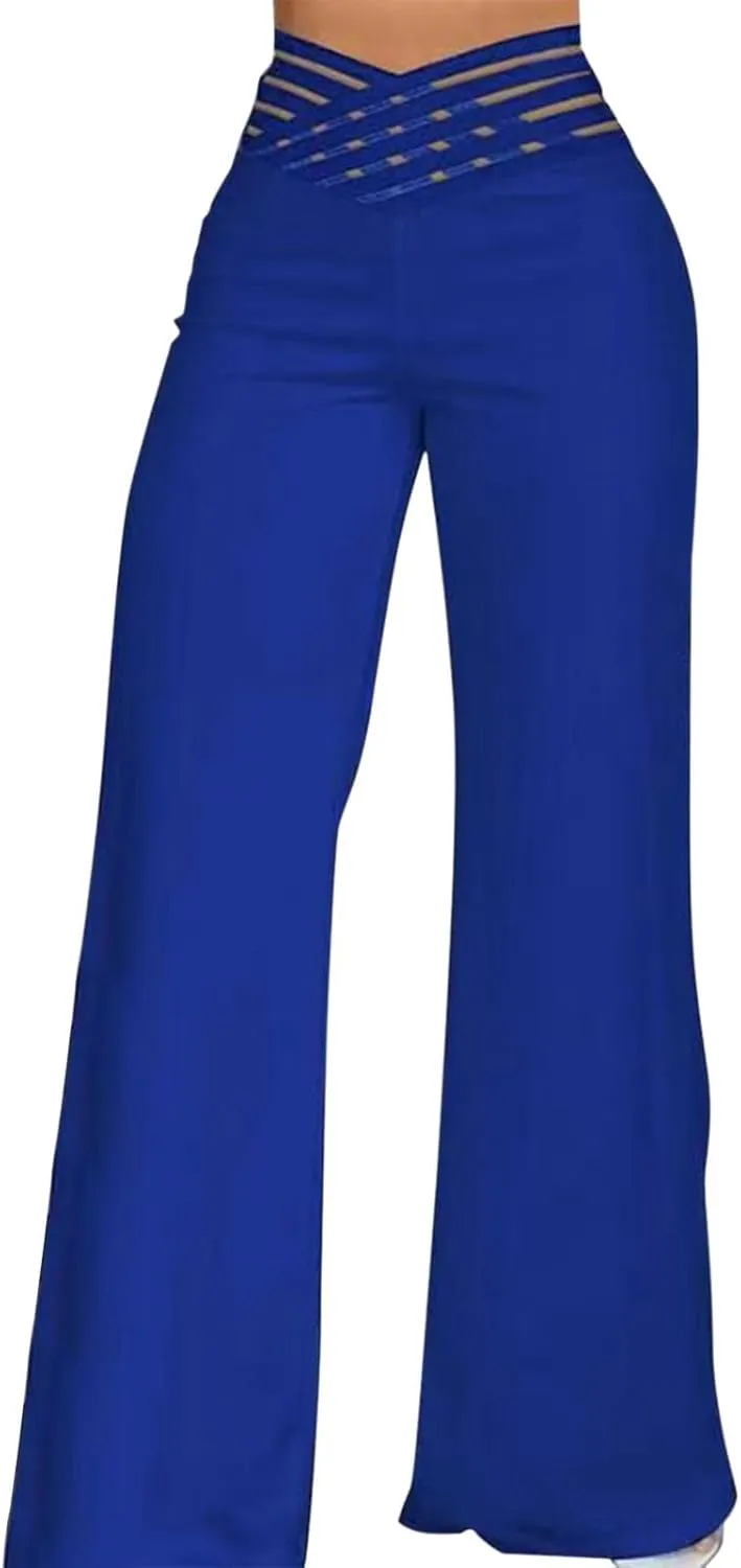 Wide Leg Pants for Women Hollow Belt High Waist Solid Color Loose Flowy Long Trousers Going Out Beach Vacation Pants