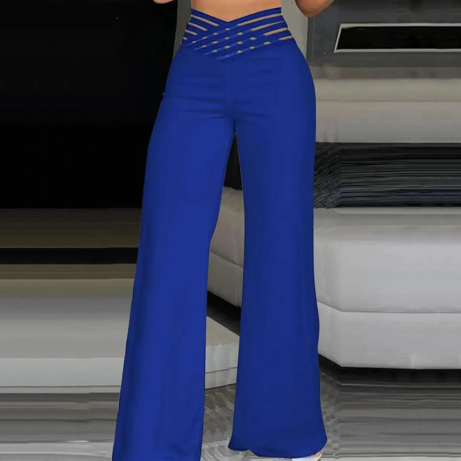 Wide Leg Pants for Women Hollow Belt High Waist Solid Color Loose Flowy Long Trousers Going Out Beach Vacation Pants