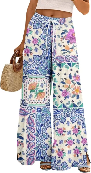 Wide Leg Pants Women 2025 Summer Floral Print Boho Palazzo Pants High Waist Lounge Trousers with Pockets