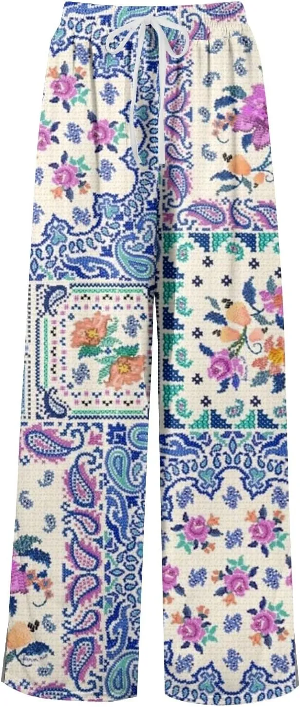 Wide Leg Pants Women 2025 Summer Floral Print Boho Palazzo Pants High Waist Lounge Trousers with Pockets