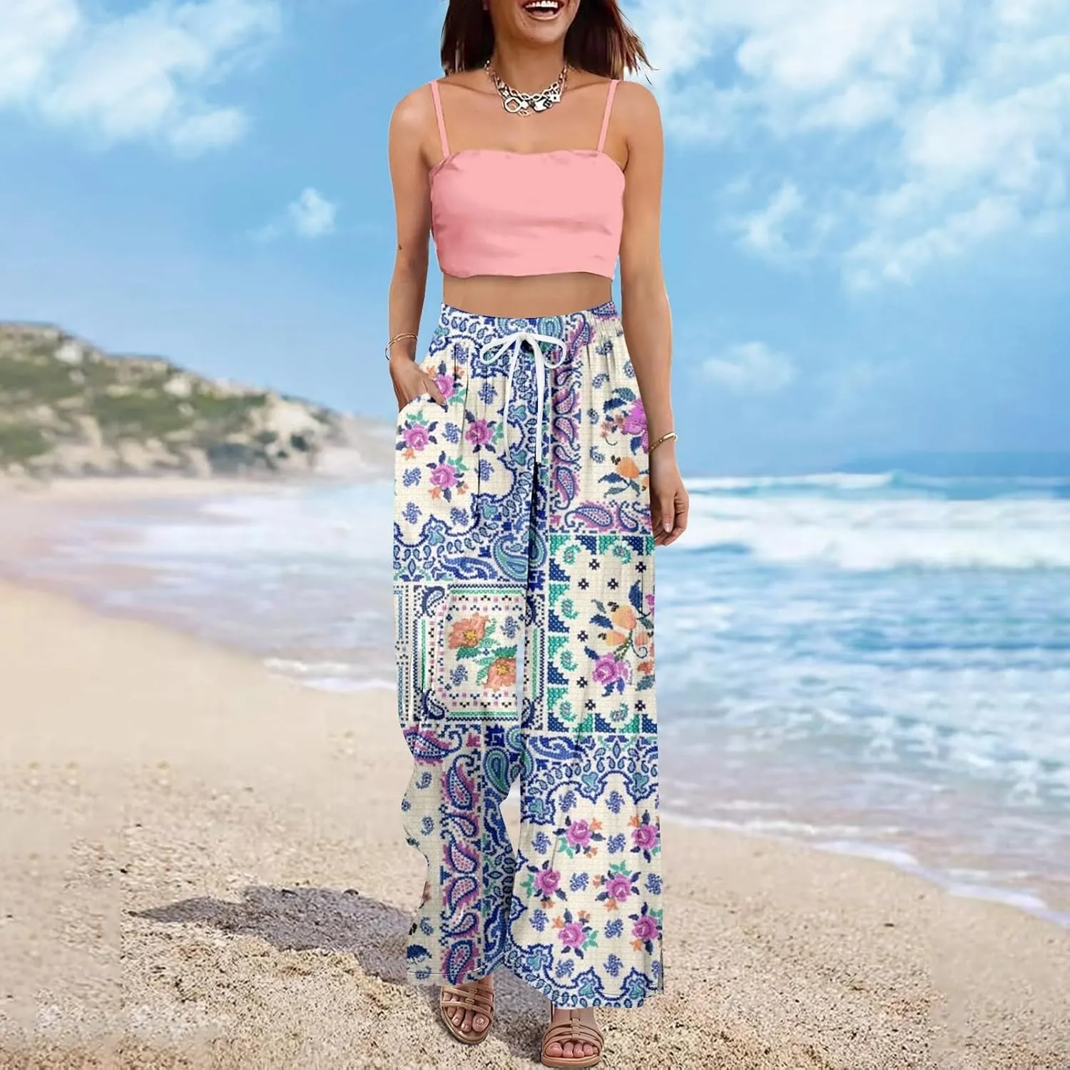 Wide Leg Pants Women 2025 Summer Floral Print Boho Palazzo Pants High Waist Lounge Trousers with Pockets