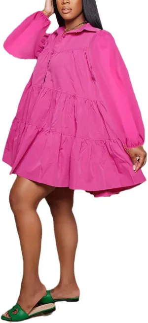 WOKANSE Women's 2024 Fall Cute Babydoll Ruffle Hem Puff Sleeve Dress Loose Plus Size Shirt Dresses