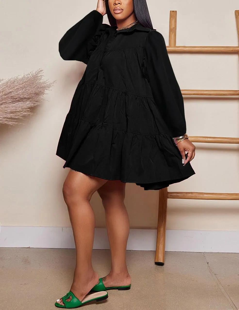 WOKANSE Women's 2024 Fall Cute Babydoll Ruffle Hem Puff Sleeve Dress Loose Plus Size Shirt Dresses