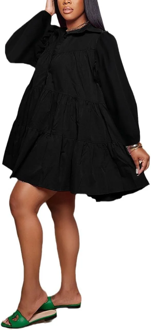 WOKANSE Women's 2024 Fall Cute Babydoll Ruffle Hem Puff Sleeve Dress Loose Plus Size Shirt Dresses