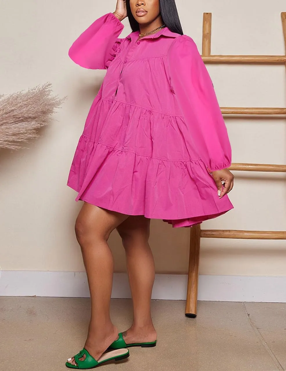 WOKANSE Women's 2024 Fall Cute Babydoll Ruffle Hem Puff Sleeve Dress Loose Plus Size Shirt Dresses