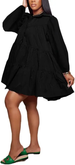WOKANSE Women's 2024 Fall Cute Babydoll Ruffle Hem Puff Sleeve Dress Loose Plus Size Shirt Dresses