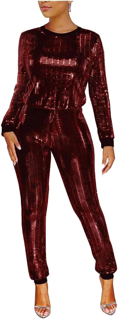 WOKANSE Women's Sequin Glitter Long Sleeve Sweatshirts and Skinny Long Pants Two Piece Outfits