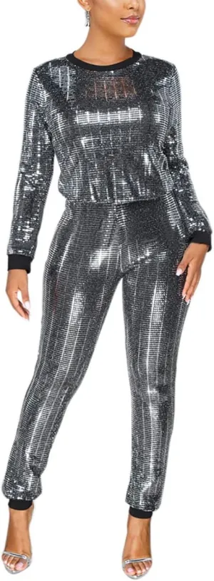 WOKANSE Women's Sequin Glitter Long Sleeve Sweatshirts and Skinny Long Pants Two Piece Outfits