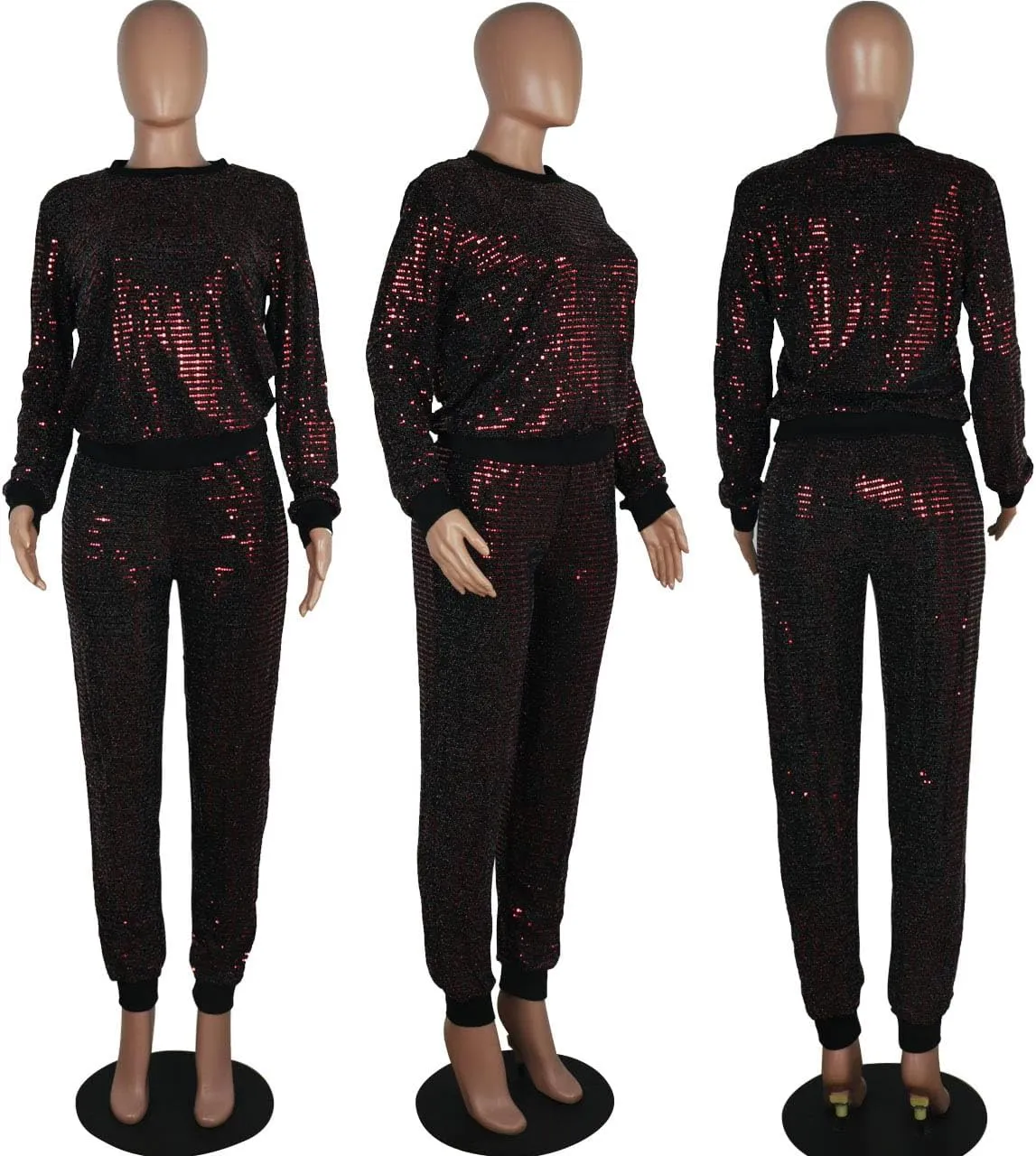WOKANSE Women's Sequin Glitter Long Sleeve Sweatshirts and Skinny Long Pants Two Piece Outfits